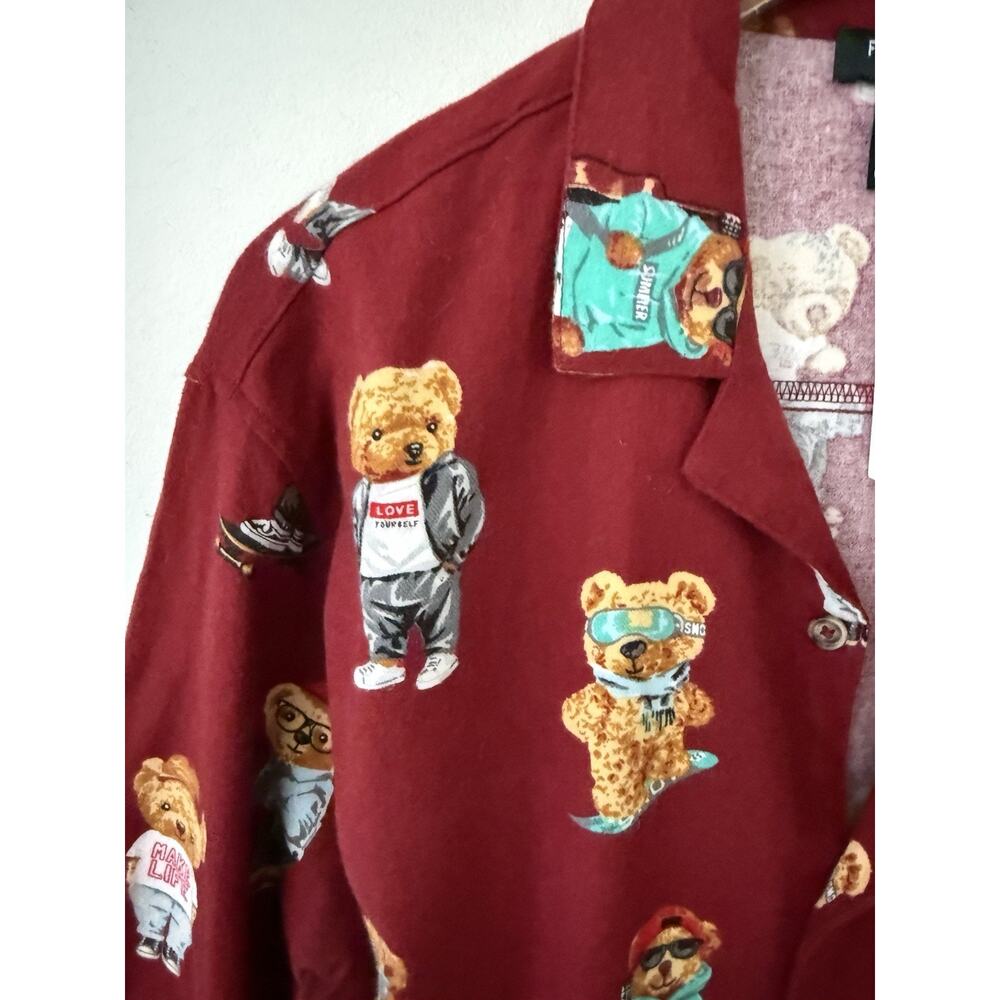 Forever 21 Mens Teddy Bear Print Flannel Lounge Sleep Shirt Pajama Top Large New - Picture 5 of 9